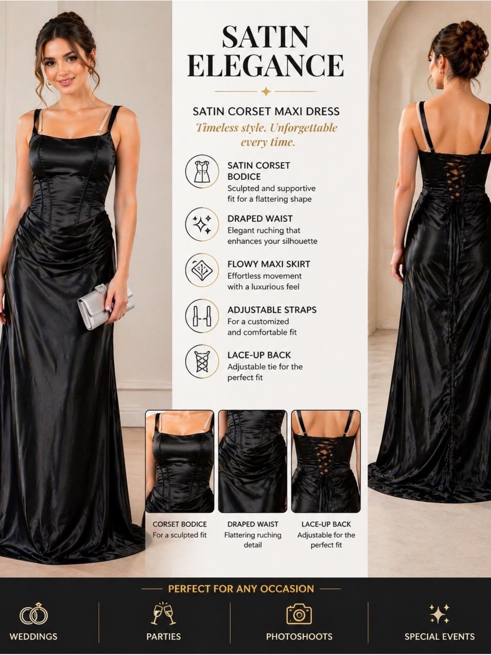 Black Satin Maxi Dress with Lace-Up Corset